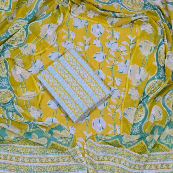 Traditional Printed Cotton Suit With Dupatta (Sheen Gold)